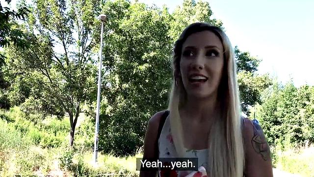 Pickedup blonde beauty blows fat shaft before public sex