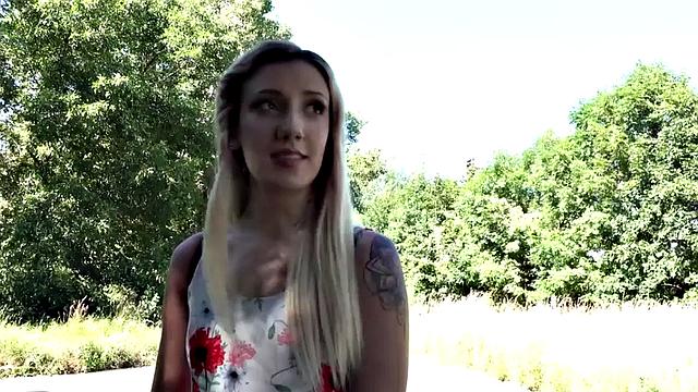 Pickedup blonde beauty blows fat shaft before public sex