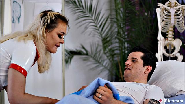 Горячая медсестра Джина Варни отдается возбужденному пациенту без презерватива в клинике фетишей.