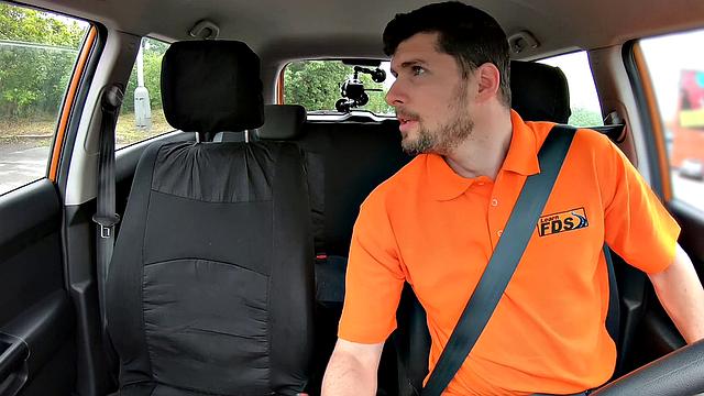 Naughty instructor licks her student's ass in the car