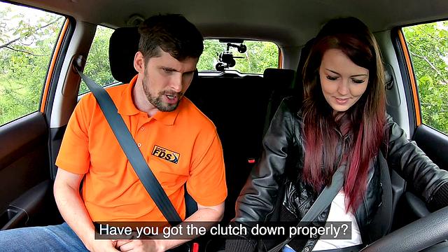 Naughty instructor licks her student's ass in the car