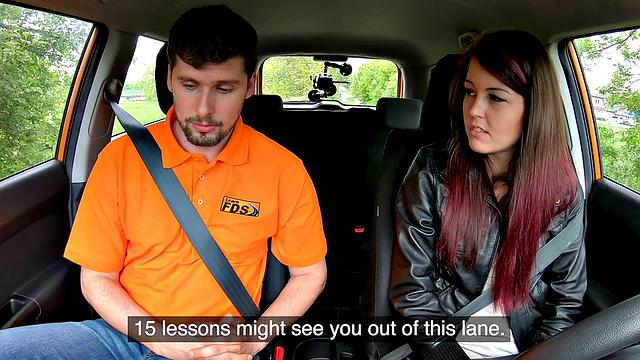 Naughty instructor licks her student's ass in the car