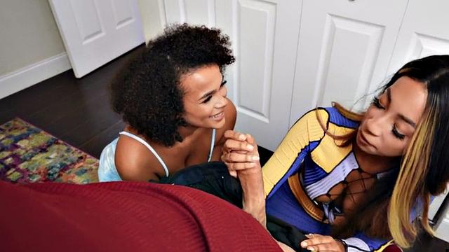 Nubian babes share stiff cock after giving blowjob