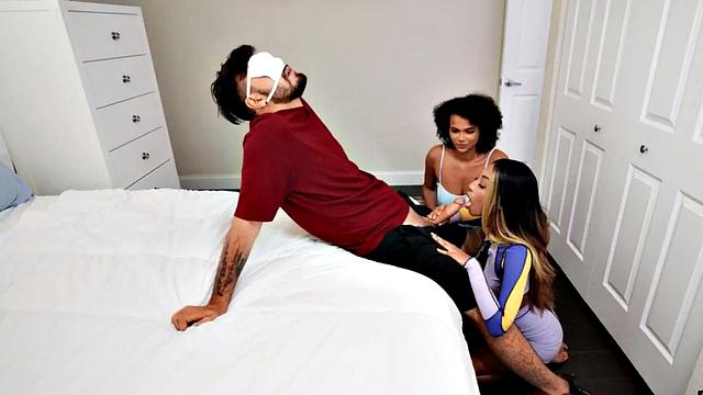 Nubian babes share stiff cock after giving blowjob