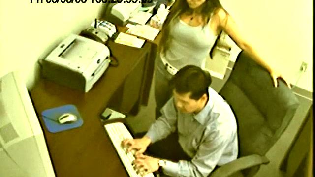 Seductive office worker strokes her boss under the desk and makes him cum during a risky work affair