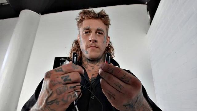 Dominant jock with tattoos barebacks businessman