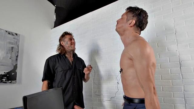 Dominant jock with tattoos barebacks businessman