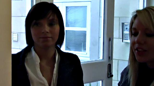 Blonde CFNM slut enjoys kissing and milking a lucky guy in the kitchen