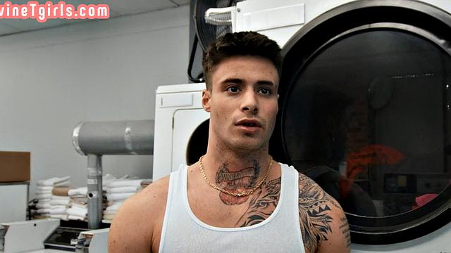 Public TS babe in lingerie fucked in laundry service