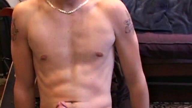 When he gets back from skateboarding, Christian Wilde works up a boner thru his pants and pulls it out. Some double-handed stroking coaxes out a killer cum shot onto his chest.