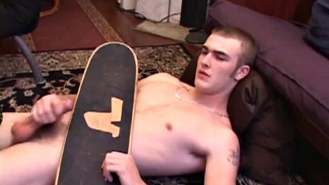 When he gets back from skateboarding, Christian Wilde works up a boner thru his pants and pulls it out. Some double-handed stroking coaxes out a killer cum shot onto his chest.