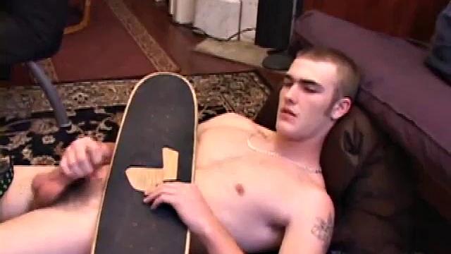 When he gets back from skateboarding, Christian Wilde works up a boner thru his pants and pulls it out. Some double-handed stroking coaxes out a killer cum shot onto his chest.