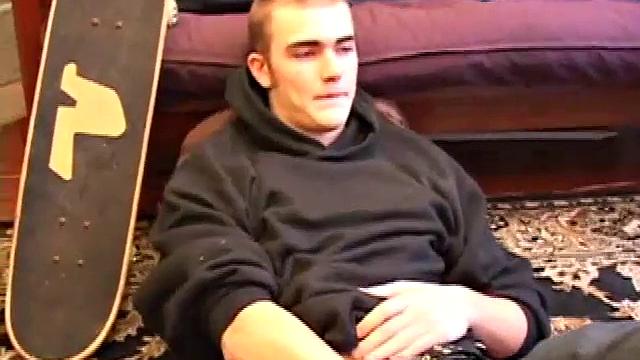 When he gets back from skateboarding, Christian Wilde works up a boner thru his pants and pulls it out. Some double-handed stroking coaxes out a killer cum shot onto his chest.