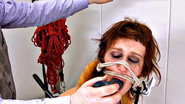 Redhead MILF dominates submissive slut with dildo & lingerie bondage