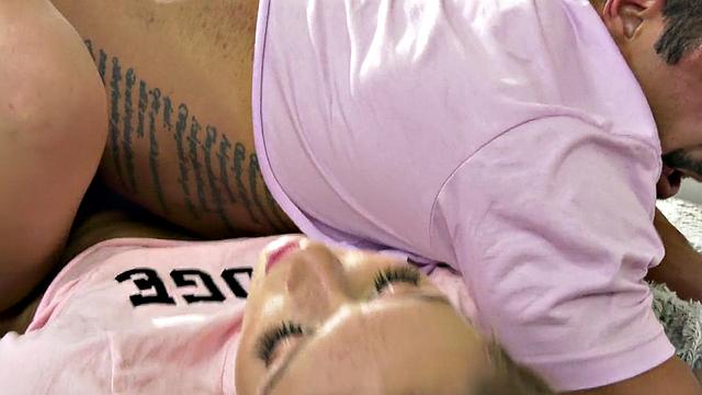 College babe sucking bisexual cocks in dorm threesome