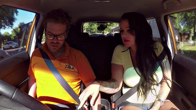 Chubby eurobabe sucks off driving tutor before car sex