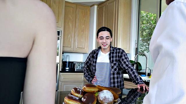 Stepmom with massive tits gives her stepson a BJ & gets a mouthful of his big dick