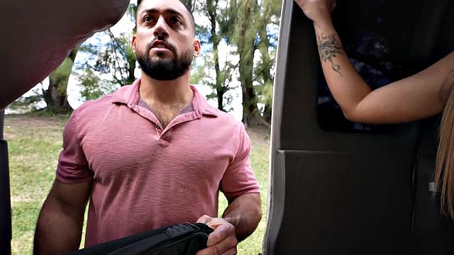 Hairy straight jock fucks in public van outdoor