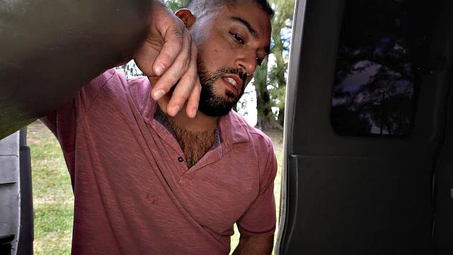 Hairy straight jock fucks in public van outdoor