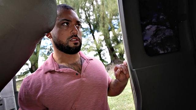 Hairy straight jock fucks in public van outdoor