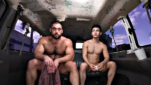 Hairy straight jock fucks in public van outdoor
