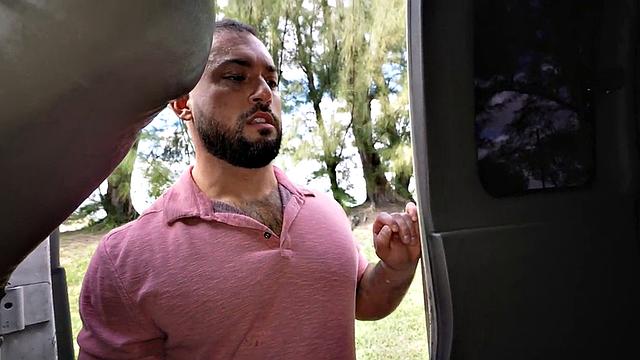 Hairy straight jock fucks in public van outdoor