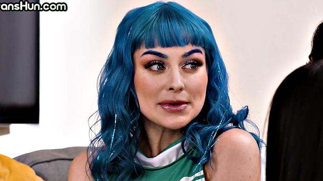 Trans cheerleader got cum on tits after barebacking