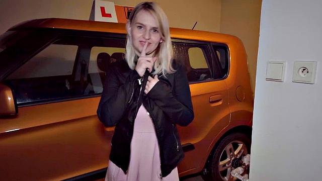 Driving slut fucked in car outdoors by instructor