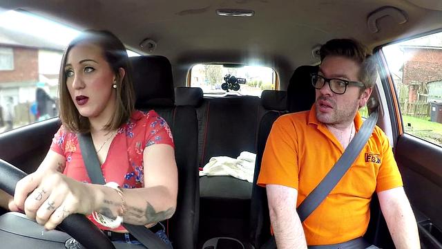 Big-titted European brunette sucking off driving tutor