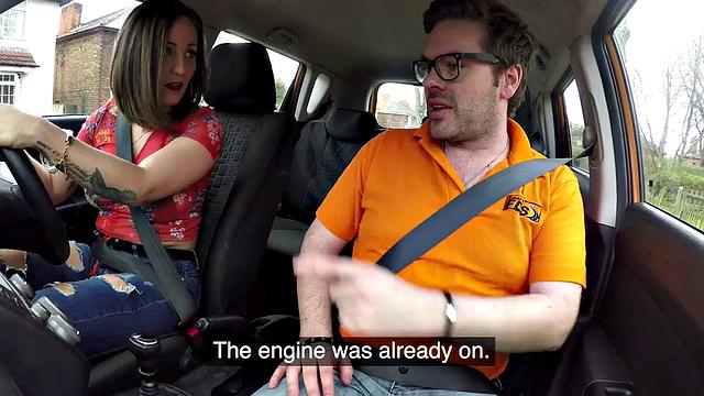 Big-titted European brunette sucking off driving tutor
