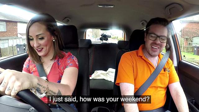 Big-titted European brunette sucking off driving tutor