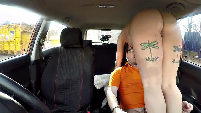 Big-titted European brunette sucking off driving tutor