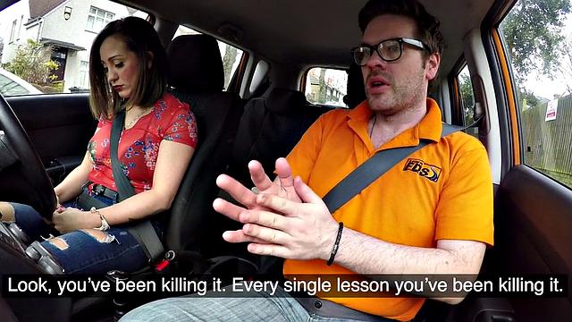 Big-titted European brunette sucking off driving tutor