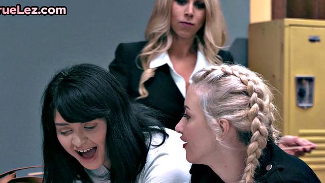 Strapon college dyke banging teacher in 3some