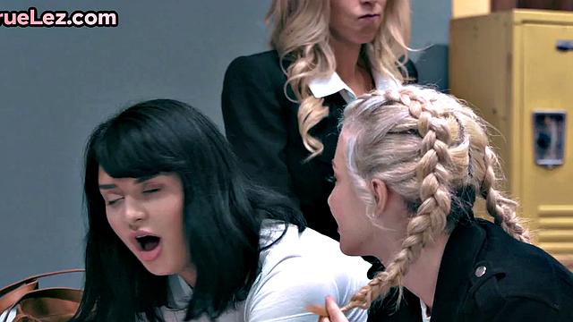 Strapon college dyke banging teacher in 3some