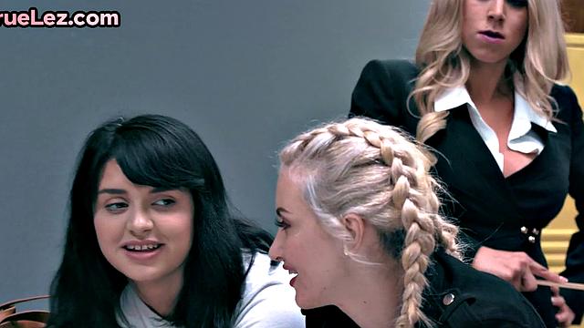 Strapon college dyke banging teacher in 3some