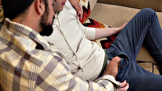 Hairy stepdad bareback fucks stepson's asshole while alone