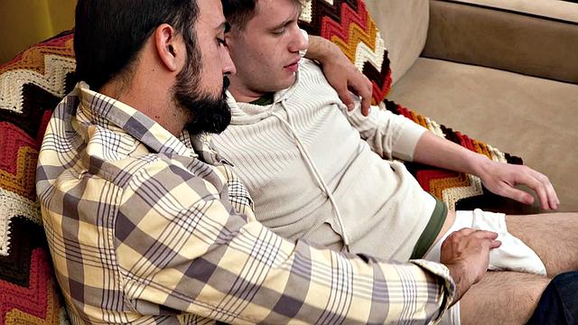 Hairy stepdad bareback fucks stepson's asshole while alone