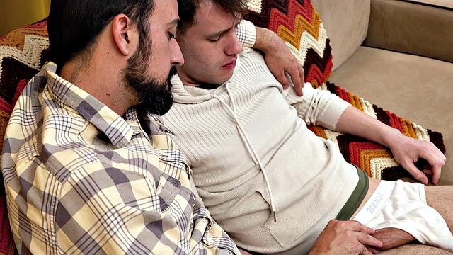 Hairy stepdad bareback fucks stepson's asshole while alone