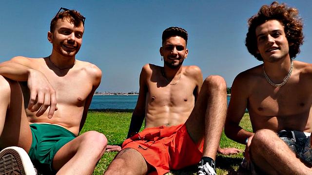 Jock grad students celebrate with cumshower
