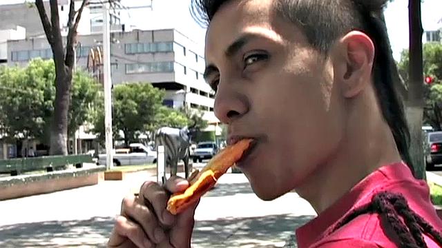 Young Latinos Rodrigo and Alex hooking up on the street and quickly moving things to a more private location. Once inside, these two waste little time getting naked and sucking on each other's cock.