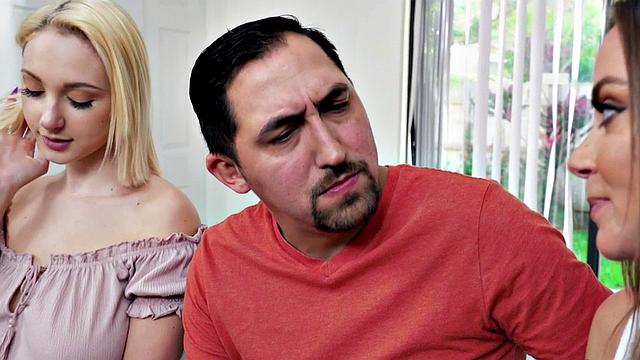 Stepmom with blonde hair teaches curvy teen a lesson in taboo threesome fucking