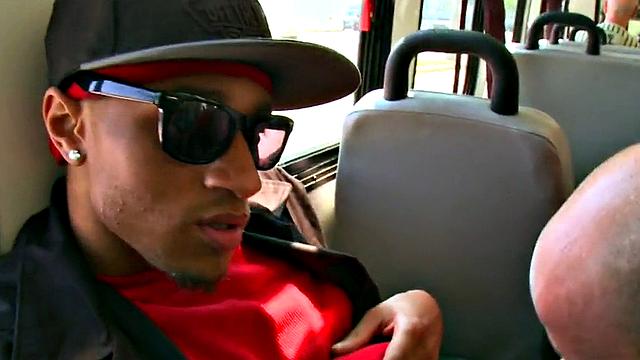 Black stud fucks white bottom in public bus for cum in mouth