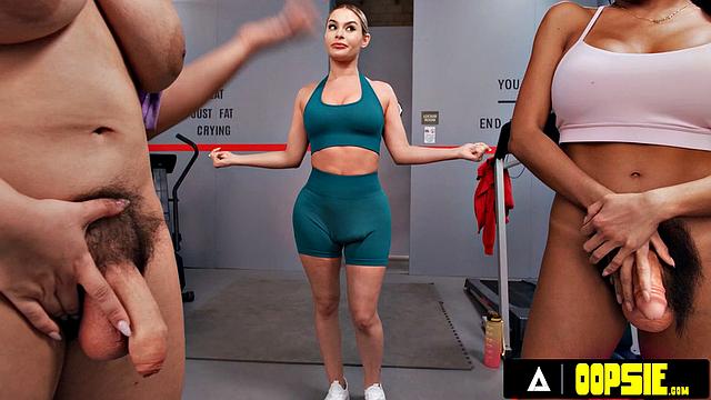 OOPSIE - Two Babes Distract Nicole Aria's Gym Session Turning Into a Futa Threesome Cum Fest