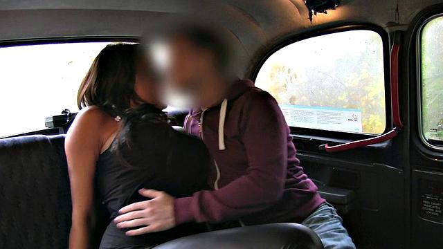 Tattooed brunette hops into cab for wild ride with big-titted partner
