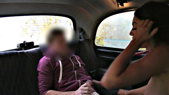 Tattooed brunette hops into cab for wild ride with big-titted partner