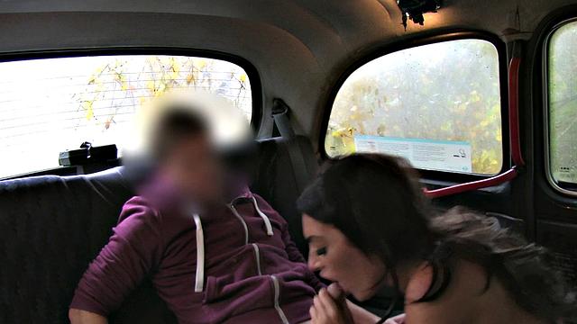 Tattooed brunette hops into cab for wild ride with big-titted partner