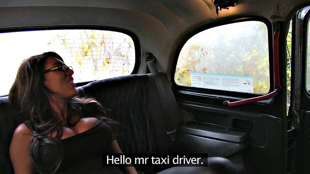Tattooed brunette hops into cab for wild ride with big-titted partner