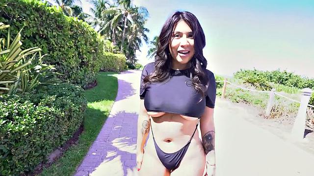 Latina with huge tits gets pounded hard by a big white dick in her wet pussy