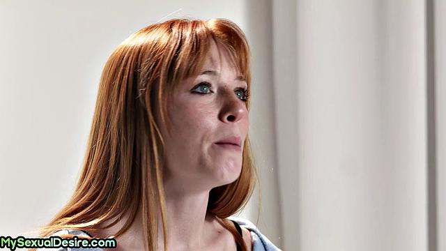 Inked redhead toying her muff after interview